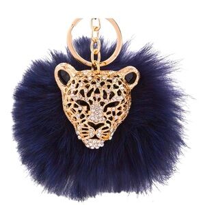 Leopard pompom bag charm key ring navy blue